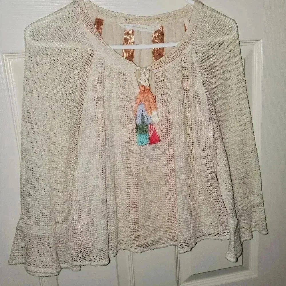 Zara Trafaluc Tassel Tie Neck Boho Peasant Small Bell Sleeve Mesh Top Blouse XS